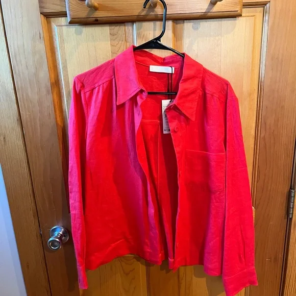 Mango Linen Button Up Shirt Coral Red 8 - Picture 4 of 5
